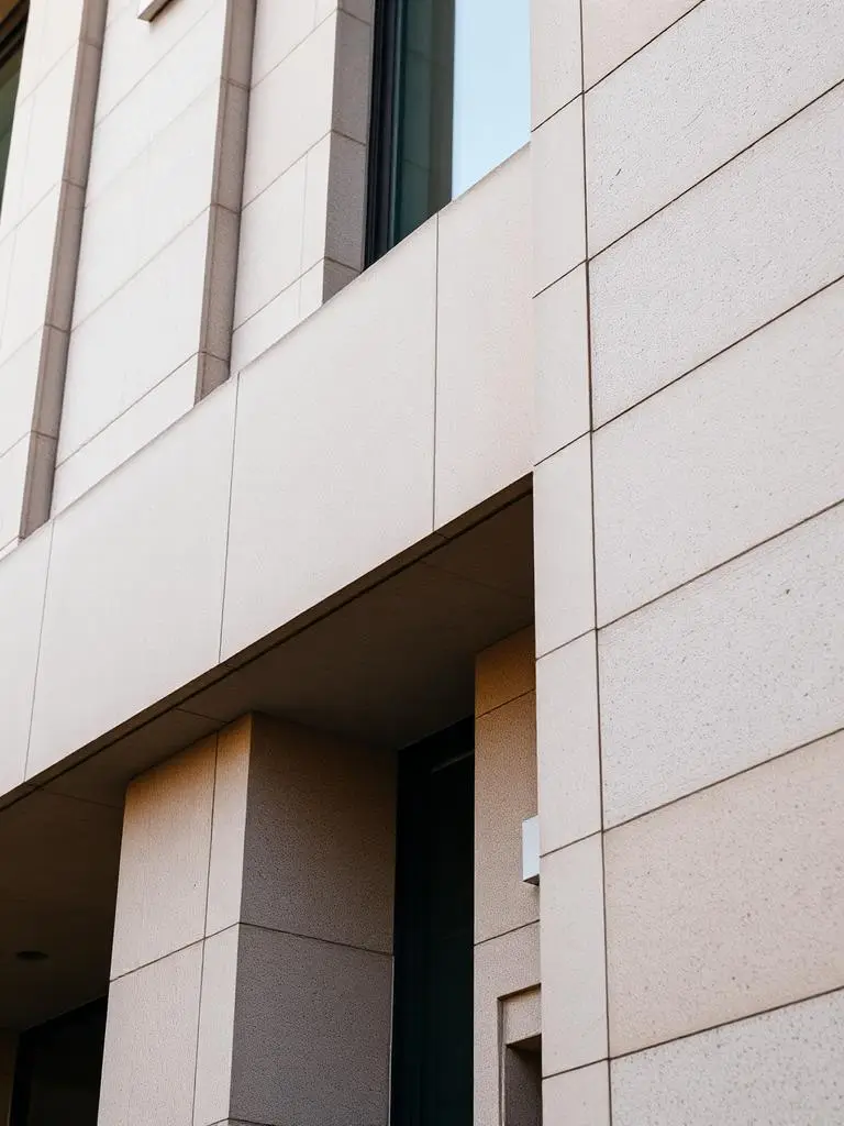 Close-up of a concrete and stone façade on a contemporary building