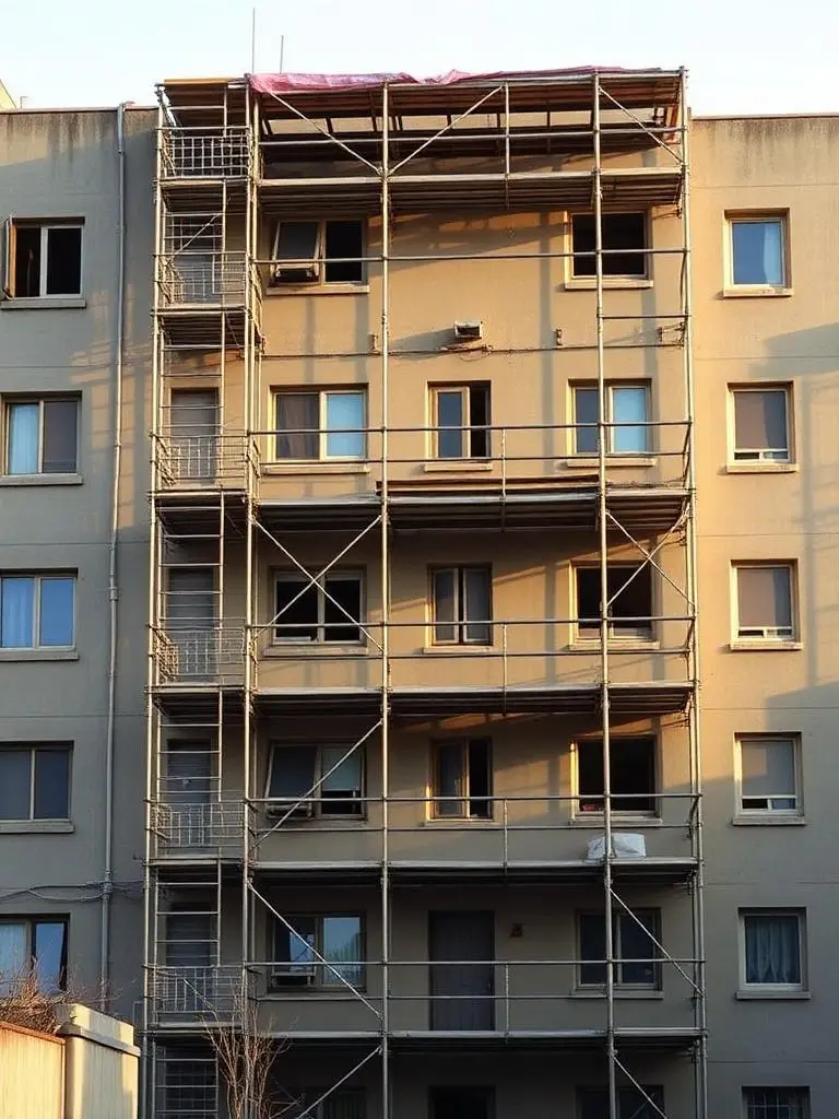Residential building nearing completion with scaffolding