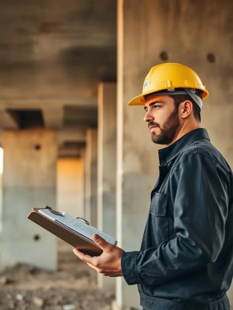 Helmeted engineer inspecting a structure with a document folder