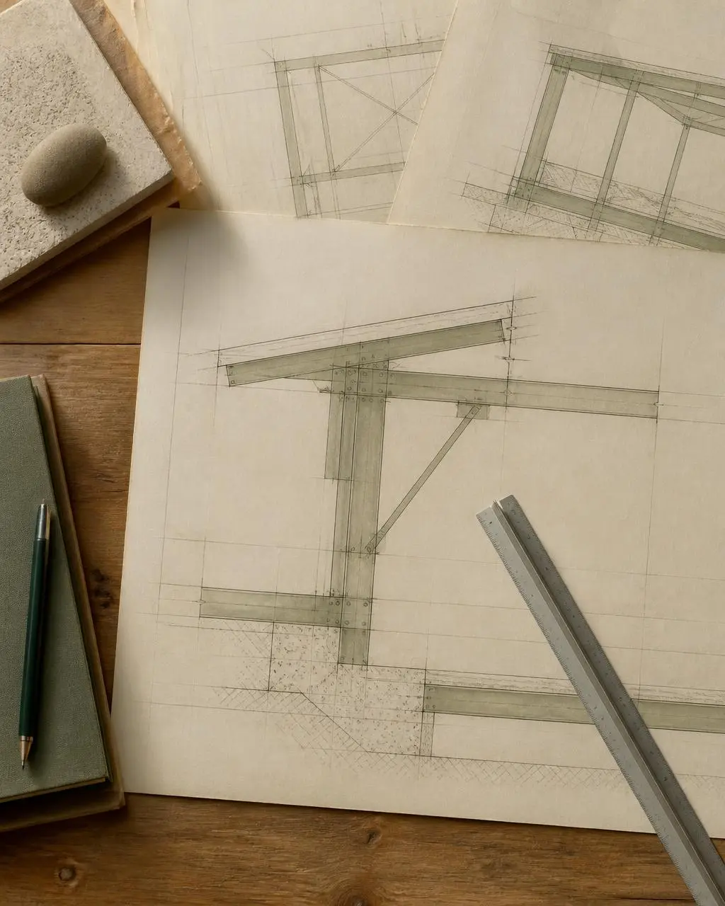Structural technical drawings and a ruler on a drafting table