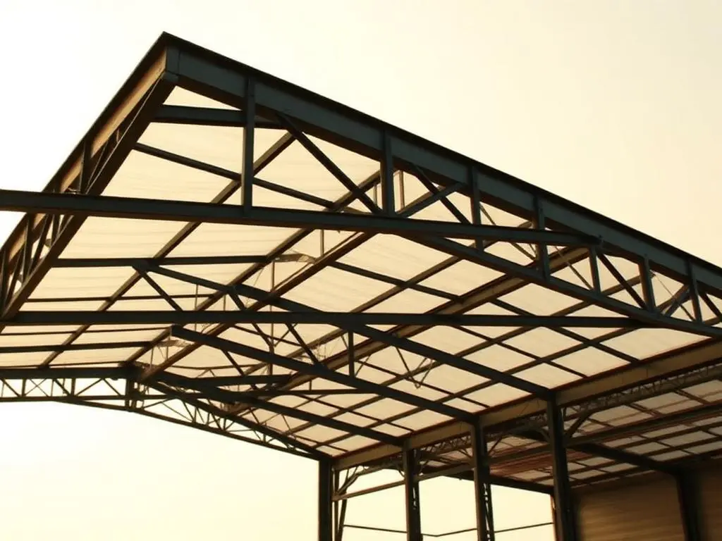 Low-angle view of an industrial warehouse's steel frame
