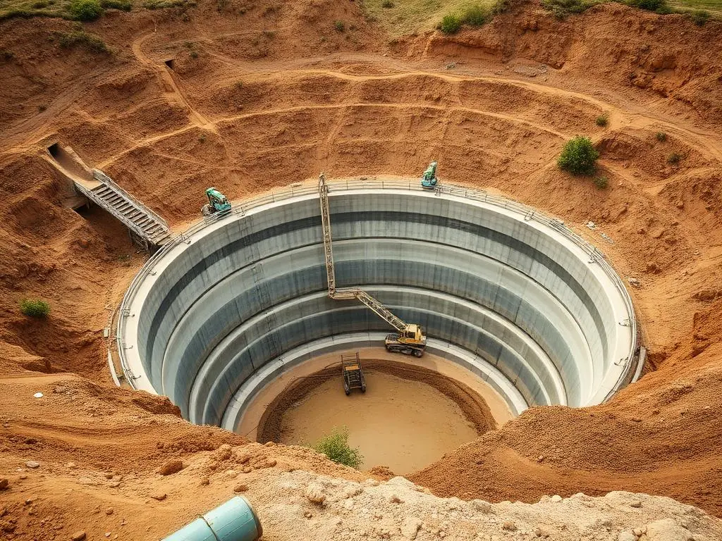 Semi-buried concrete water reservoir under construction