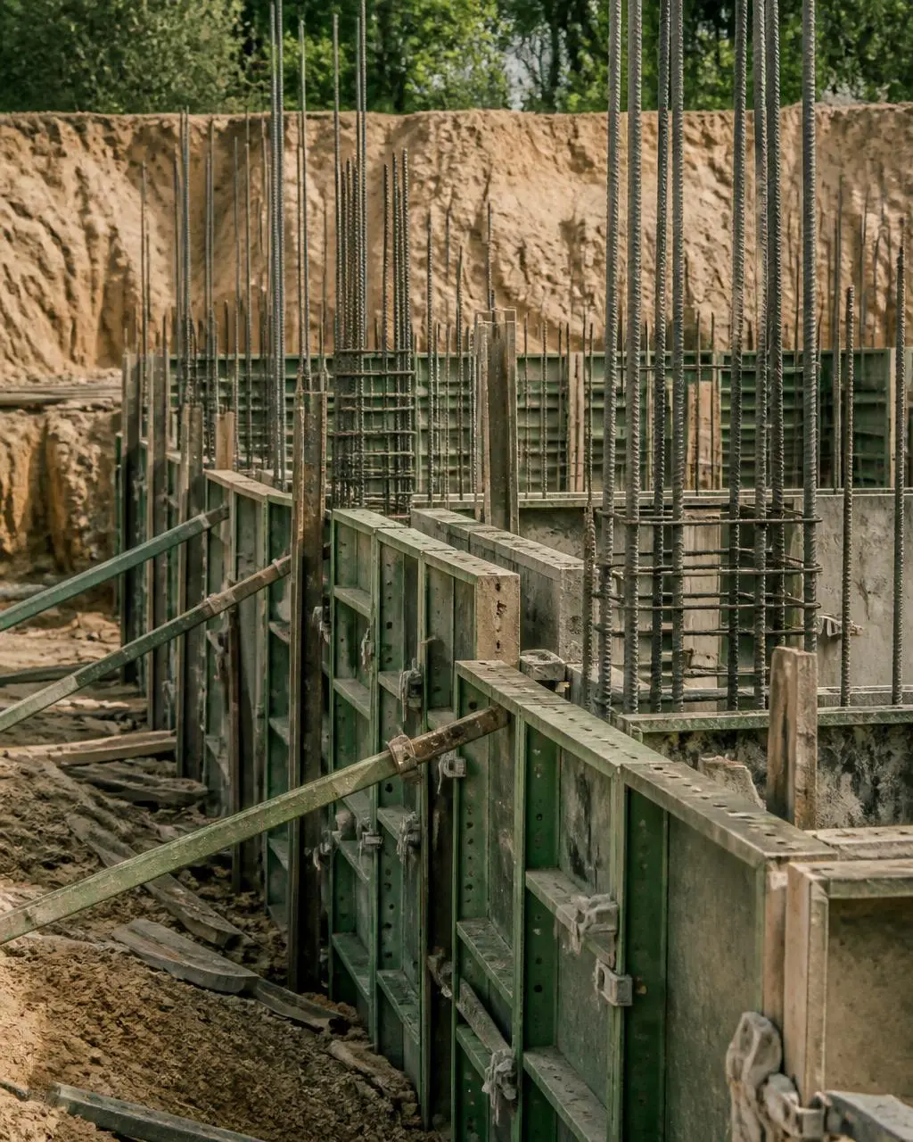Formwork and rebar on an active construction site
